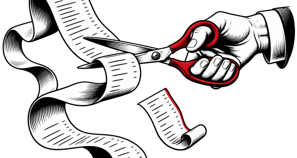 A hand uses red-handled scissors to cut a long receipt, illustrated in black and white.