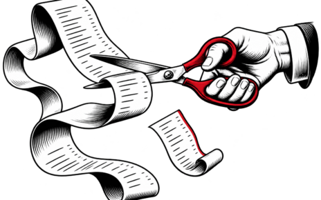 A hand uses red-handled scissors to cut a long receipt, illustrated in black and white.