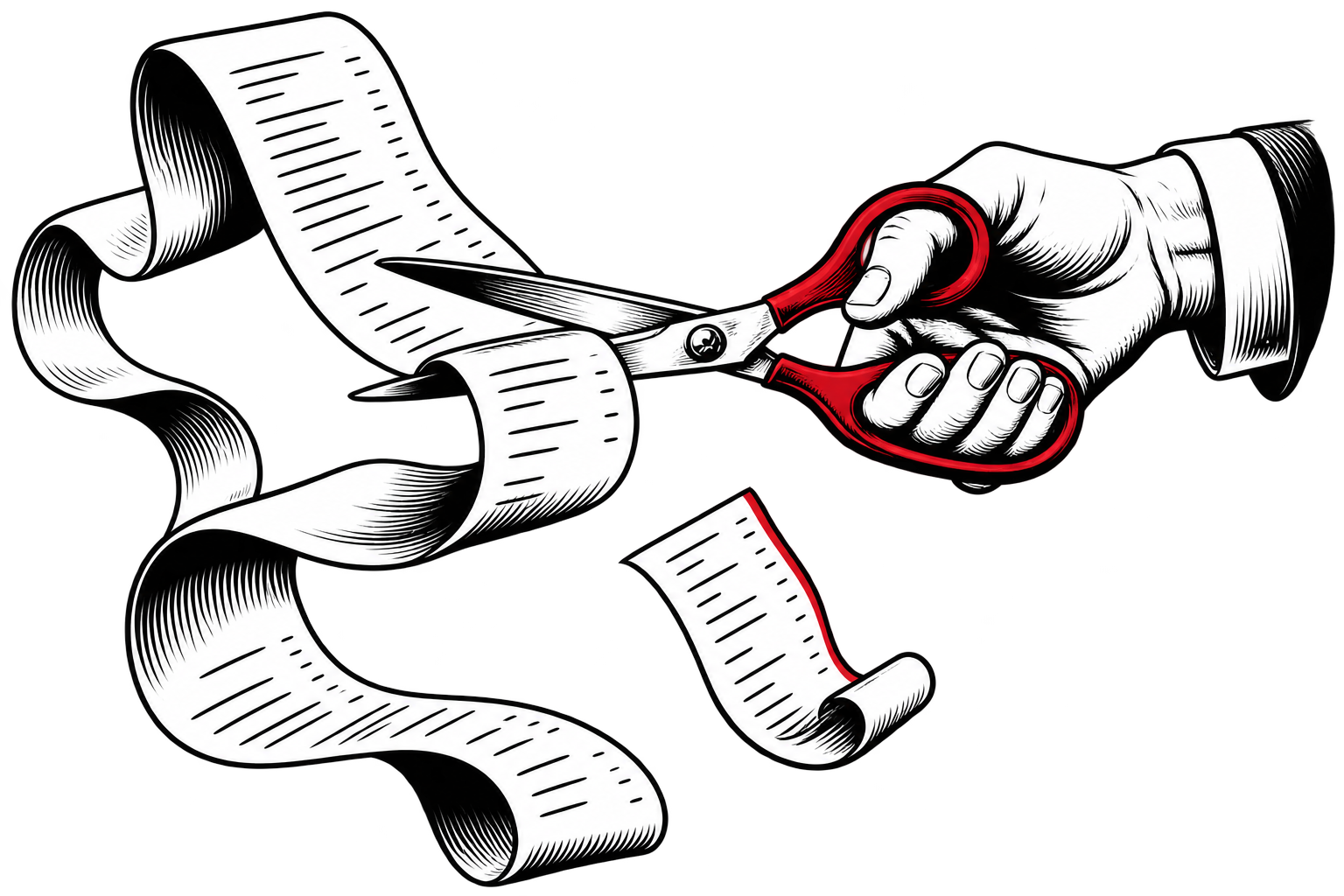 A hand uses red-handled scissors to cut a long receipt, illustrated in black and white.
