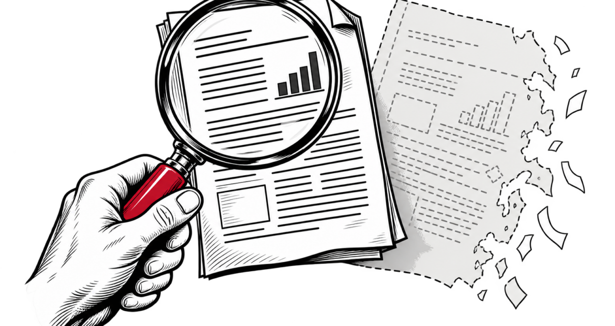 A red-handled magnifying glass examines a solid report beside a fading paper.