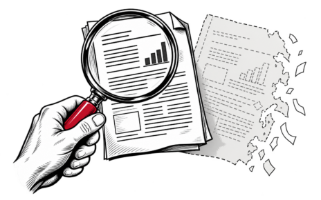 A red-handled magnifying glass examines a solid report beside a fading paper.