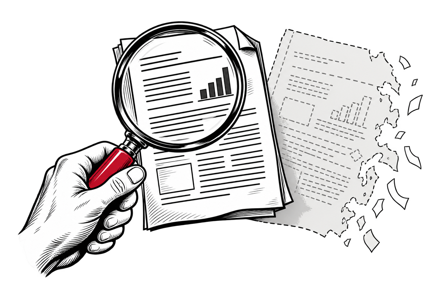 A red-handled magnifying glass examines a solid report beside a fading paper.