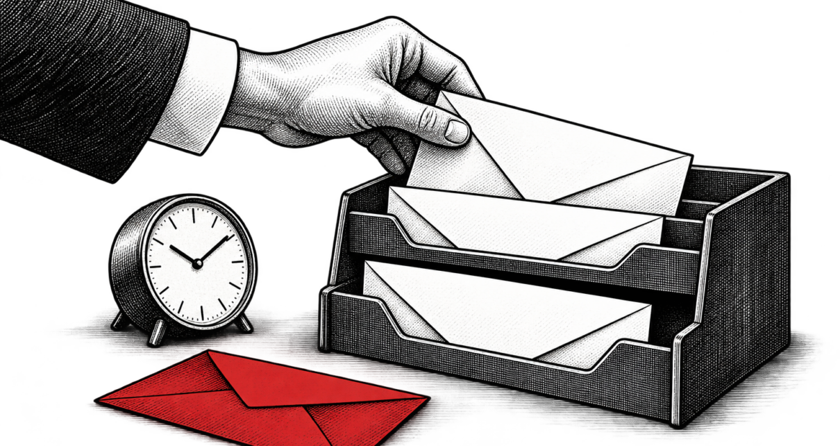 A hand sorts envelopes beside a clock, including one red envelope.