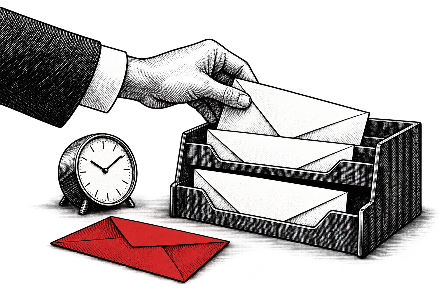 A hand sorts envelopes beside a clock, including one red envelope.