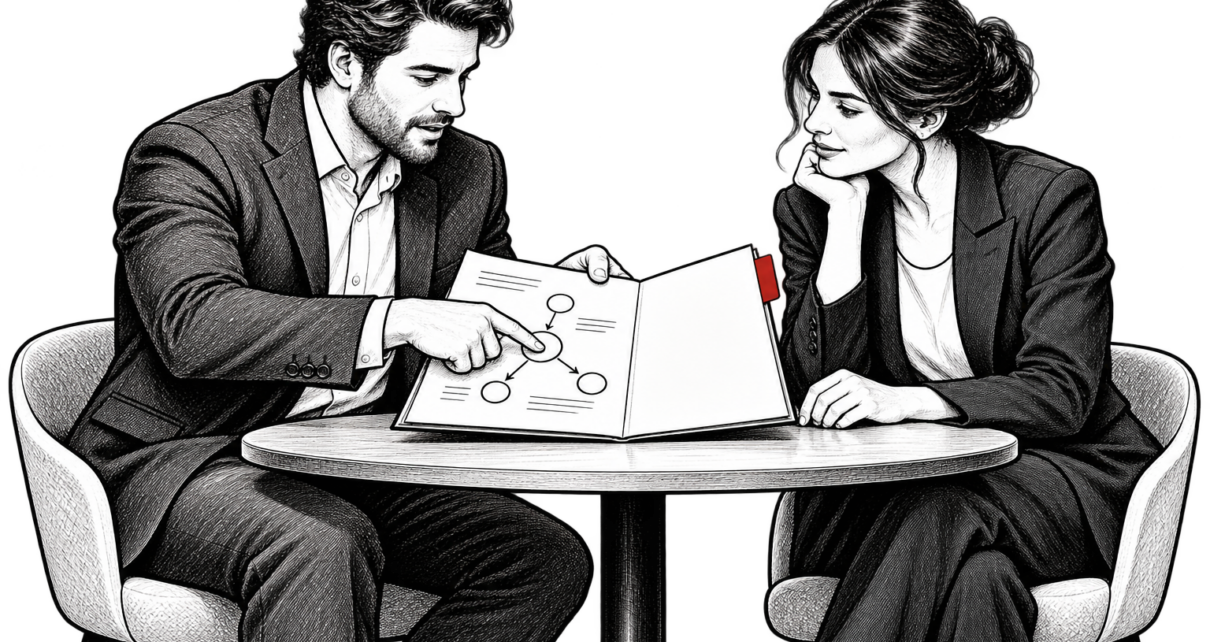 Two businesspeople review a document with a red tab across a meeting table.
