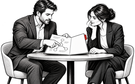 Two businesspeople review a document with a red tab across a meeting table.