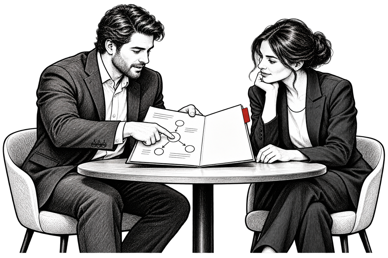 Two businesspeople review a document with a red tab across a meeting table.