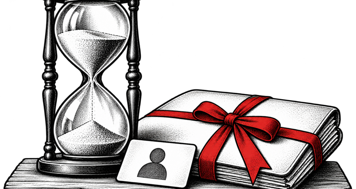 An hourglass stands beside a folder tied with a red ribbon and a customer card.