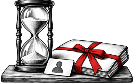 An hourglass stands beside a folder tied with a red ribbon and a customer card.