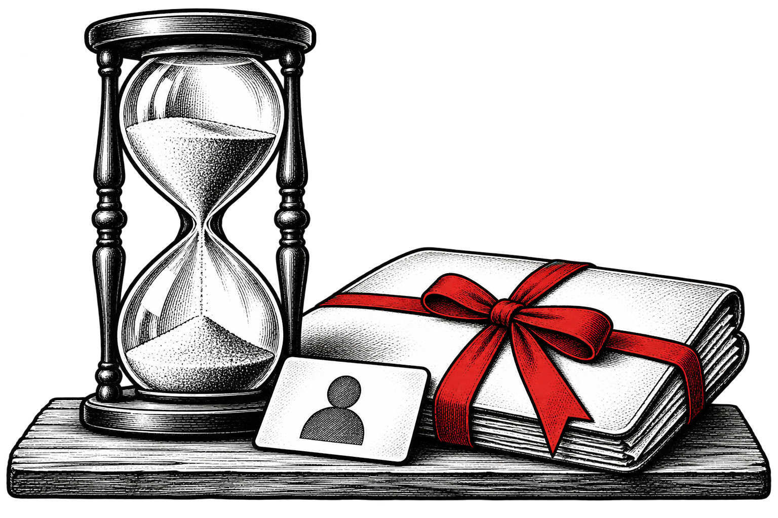 An hourglass stands beside a folder tied with a red ribbon and a customer card.