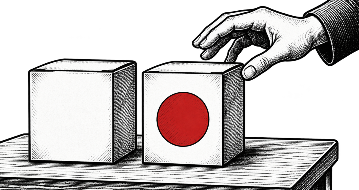 A customer reaches toward a product box distinguished by a red circular label.