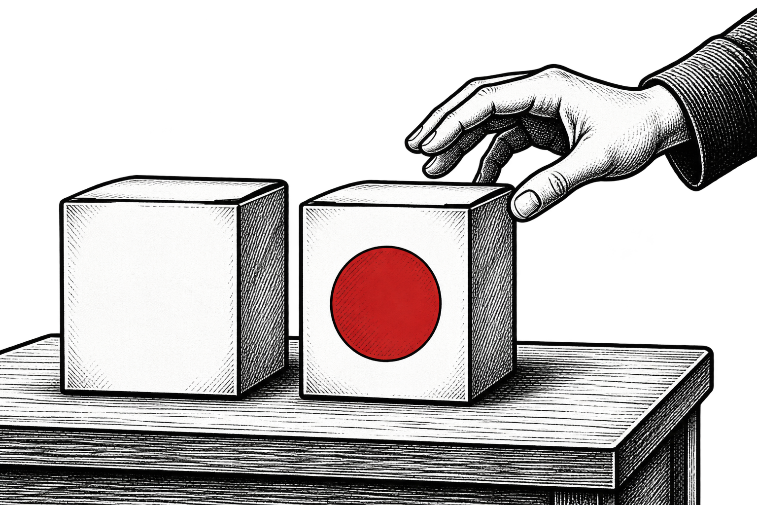A customer reaches toward a product box distinguished by a red circular label.