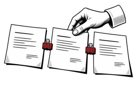 A hand arranges three pages connected by red binder clips.