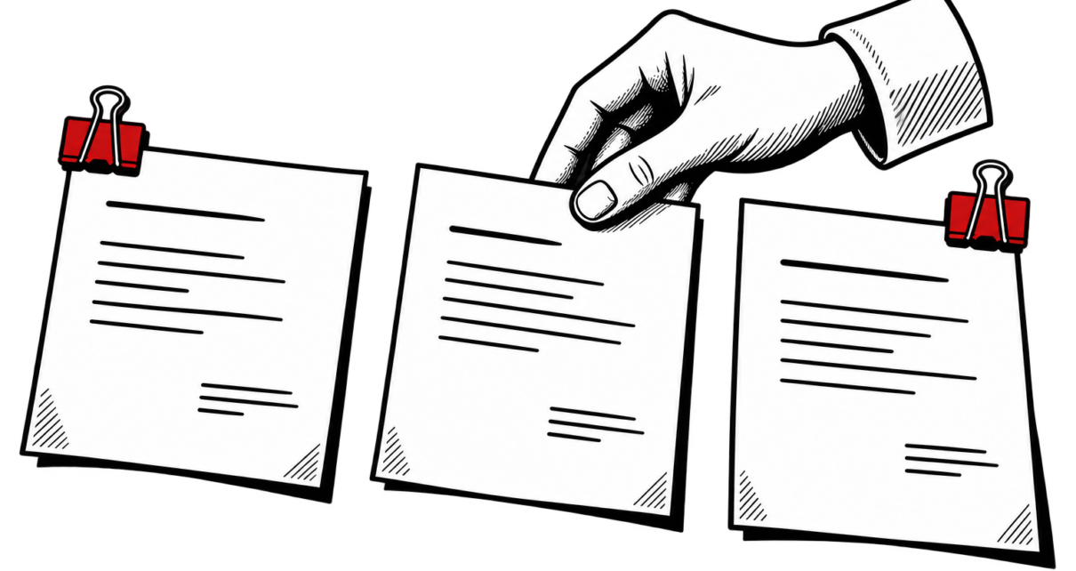 A hand arranges three pages, with red binder clips gripping the top corners of the outer pages.