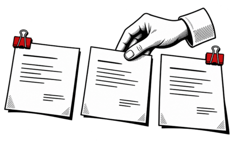 A hand arranges three pages, with red binder clips gripping the top corners of the outer pages.