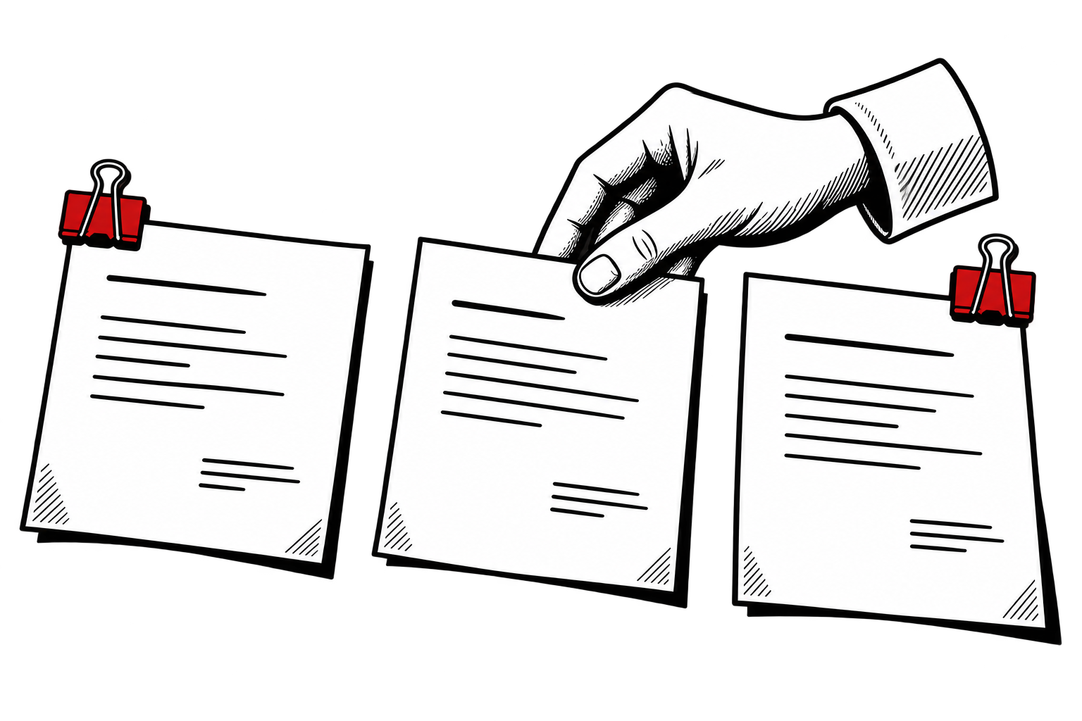 A hand arranges three pages, with red binder clips gripping the top corners of the outer pages.