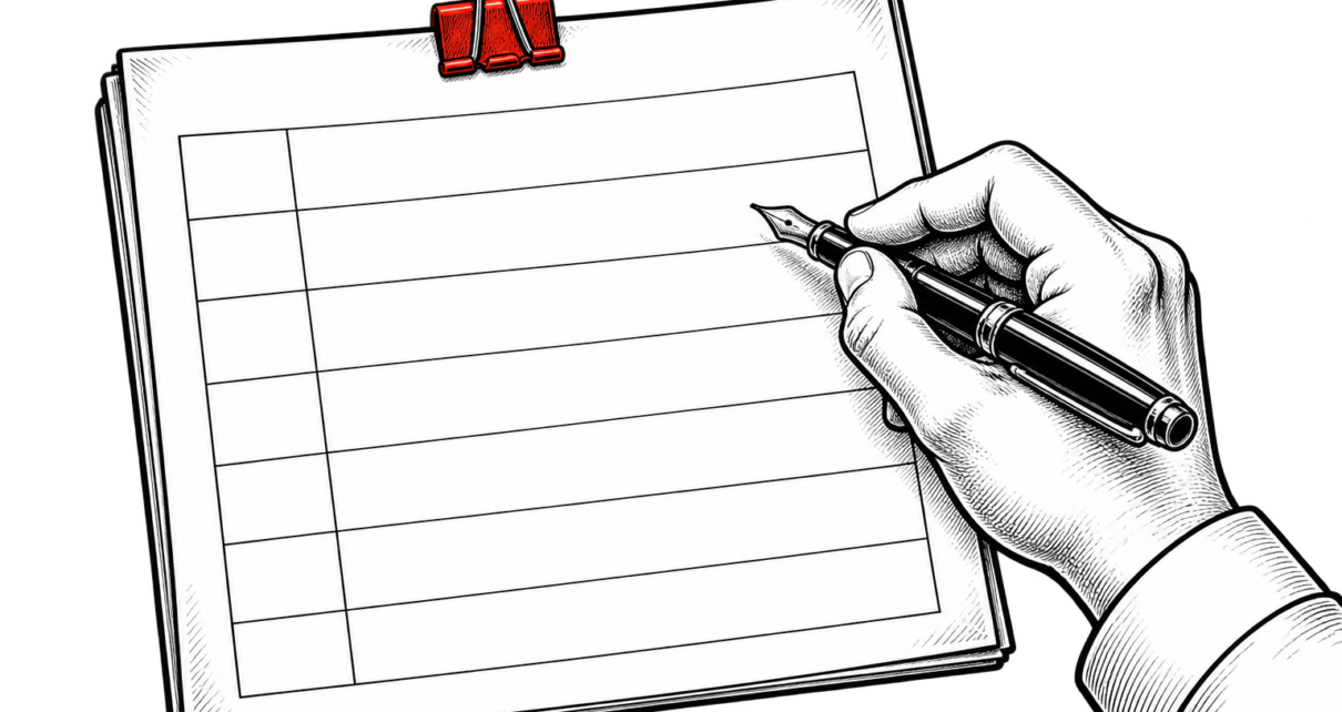 A hand plans a content worksheet with a red binder clip gripping the paper edge.