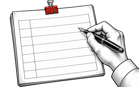A hand plans a content worksheet with a red binder clip gripping the paper edge.
