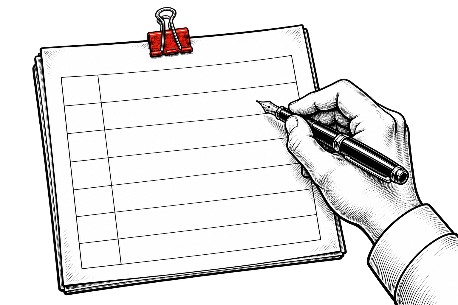 A hand plans a content worksheet with a red binder clip gripping the paper edge.