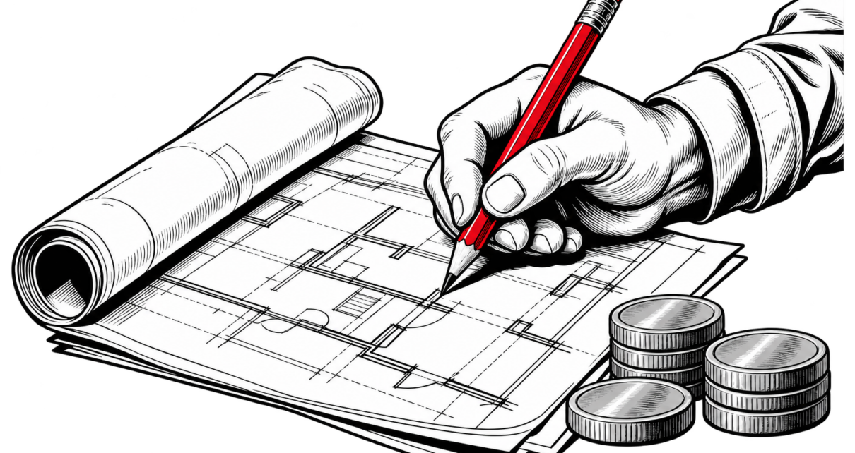 A hand uses a red pencil to plan a page beside stacks of grayscale coins.