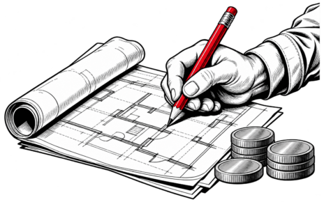 A hand uses a red pencil to plan a page beside stacks of grayscale coins.