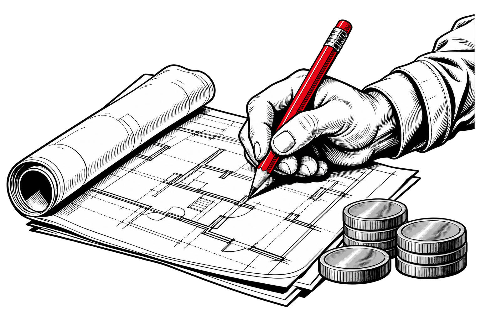 A hand uses a red pencil to plan a page beside stacks of grayscale coins.