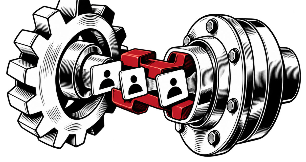 Customer cards pass between two mechanisms joined by red connectors.