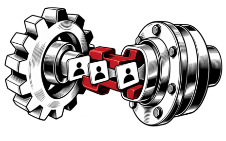 Customer cards pass between two mechanisms joined by red connectors.