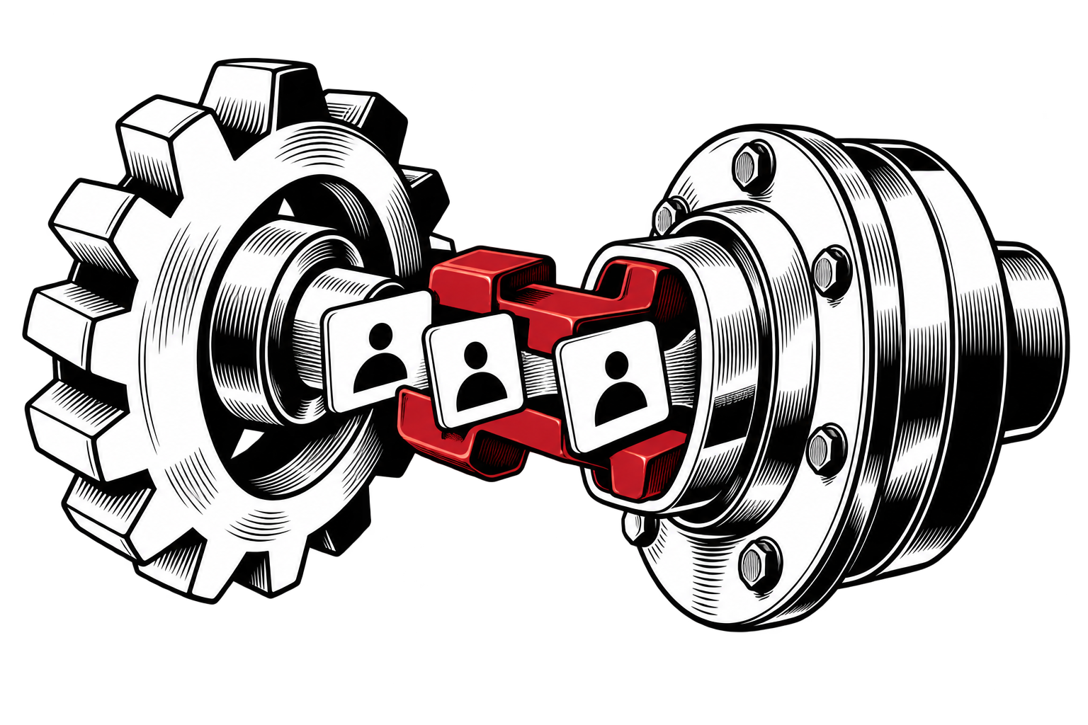 Customer cards pass between two mechanisms joined by red connectors.