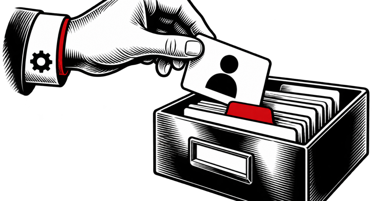 A hand with a gear symbol on its cuff places a customer card into an organized file box with a red tab.
