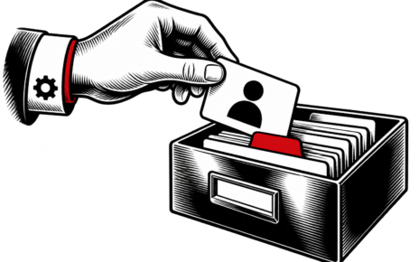 A hand with a gear symbol on its cuff places a customer card into an organized file box with a red tab.