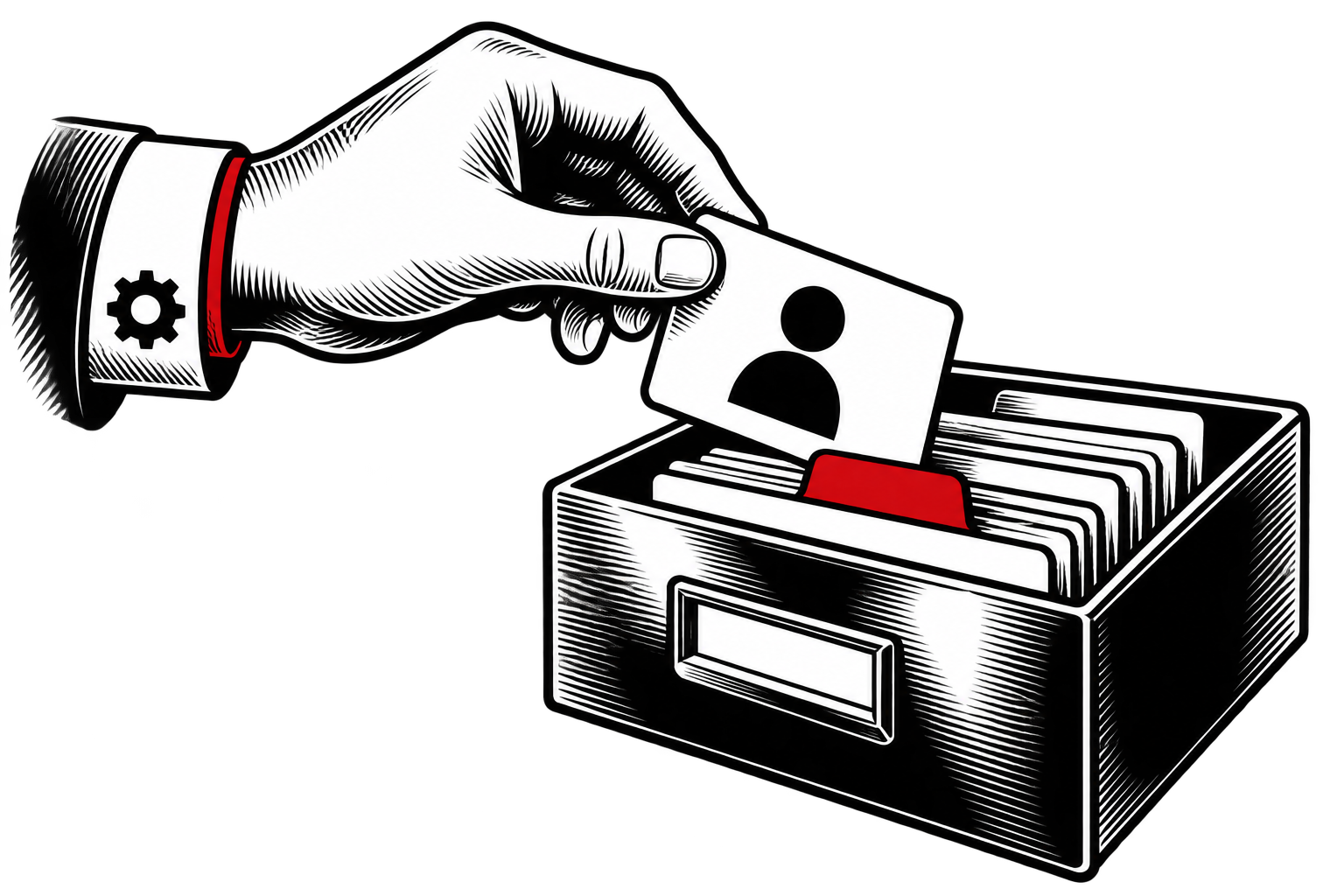 A hand with a gear symbol on its cuff places a customer card into an organized file box with a red tab.