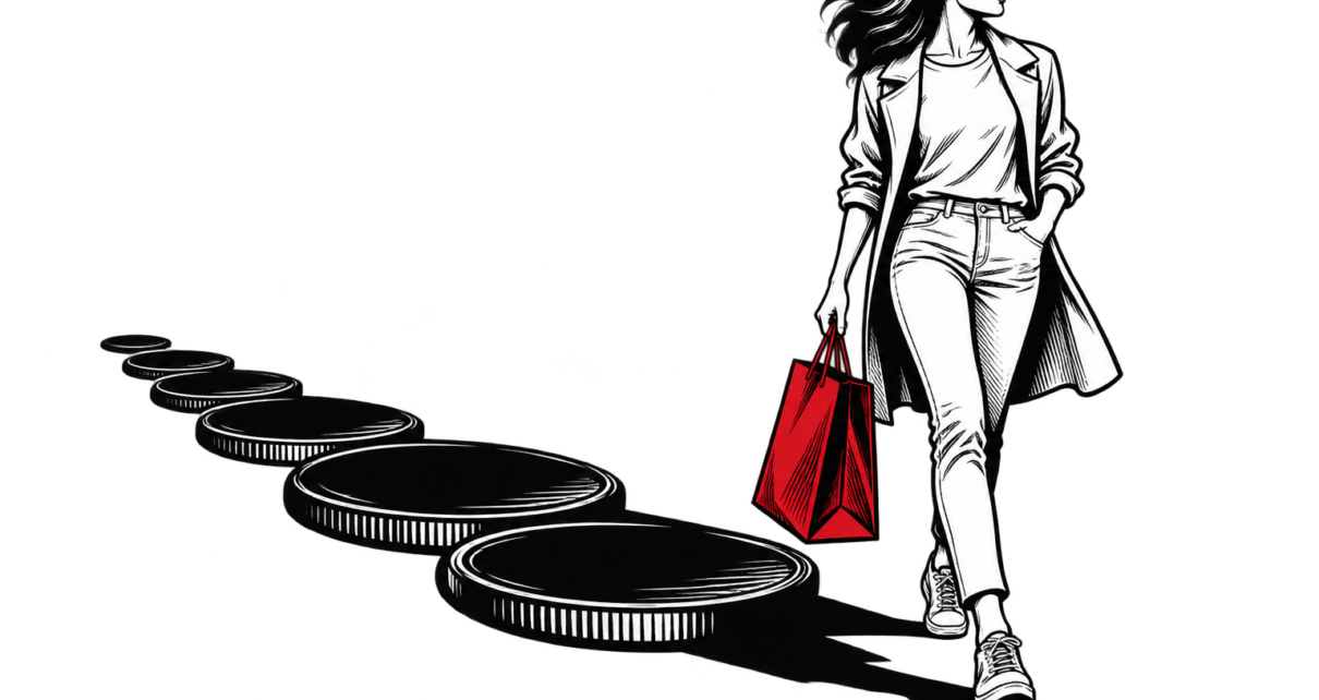 A shopper with a red bag casts a long shadow made of coins.