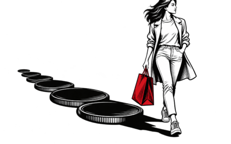 A shopper with a red bag casts a long shadow made of coins.