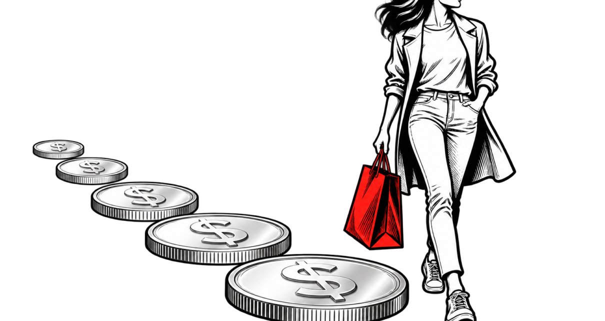 A shopper with a red bag walks beside silver coins with visible dollar signs and reeded edges.