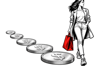 A shopper with a red bag walks beside silver coins with visible dollar signs and reeded edges.