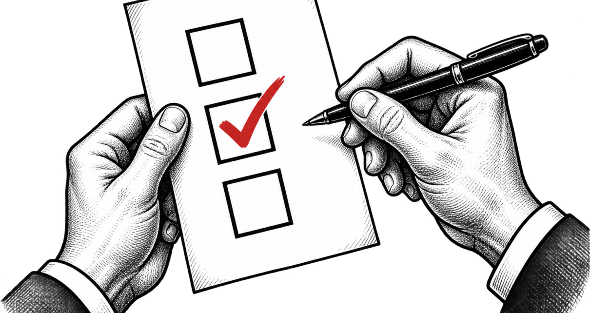 Hands hold a survey sheet and pen, with a red checkmark on one checkbox.