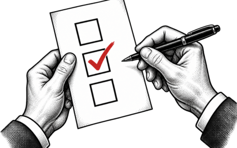 Hands hold a survey sheet and pen, with a red checkmark on one checkbox.