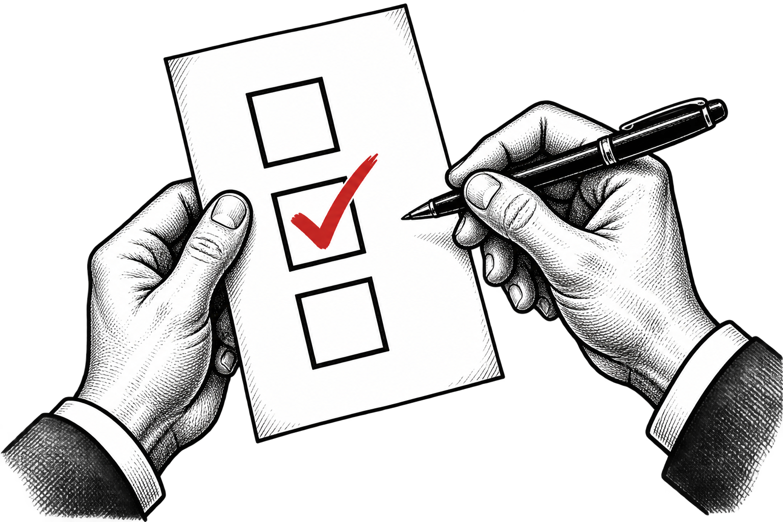 Hands hold a survey sheet and pen, with a red checkmark on one checkbox.