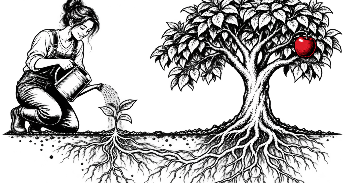 A gardener waters a plant whose roots connect to a single red fruit.