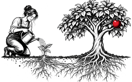 A gardener waters a plant whose roots connect to a single red fruit.
