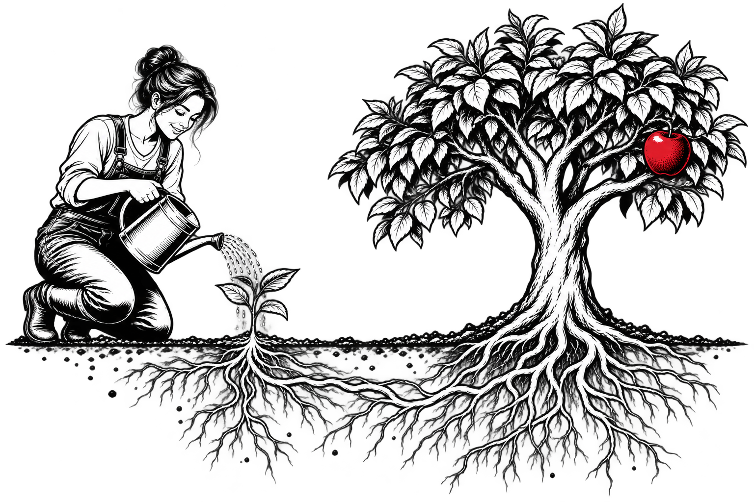 A gardener waters a plant whose roots connect to a single red fruit.
