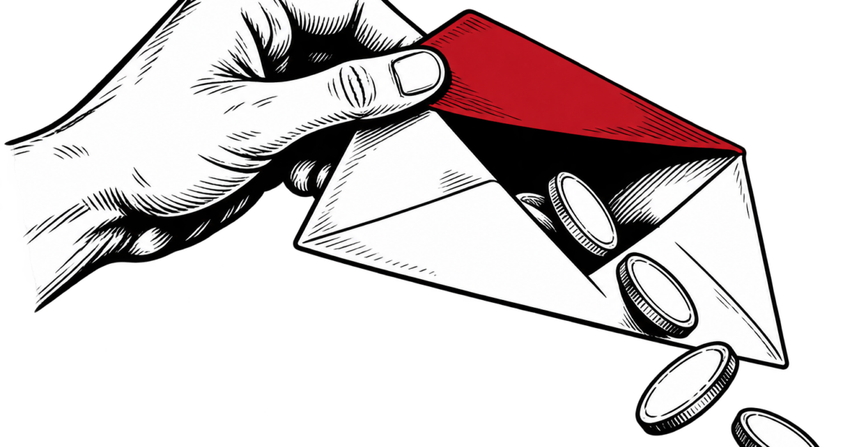 A hand opens an envelope with a red flap and coins emerging.