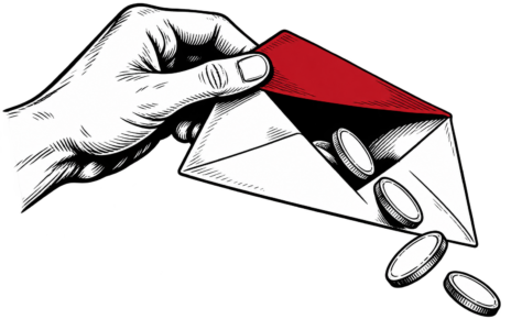 A hand opens an envelope with a red flap and coins emerging.