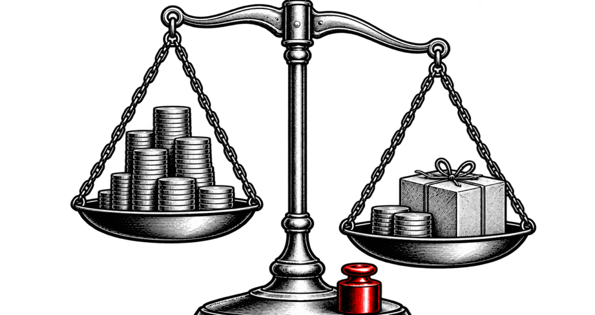 A balance scale compares coins with a parcel and coins, with a small red weight on its base.