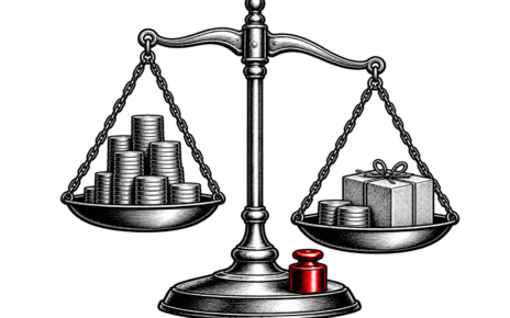 A balance scale compares coins with a parcel and coins, with a small red weight on its base.