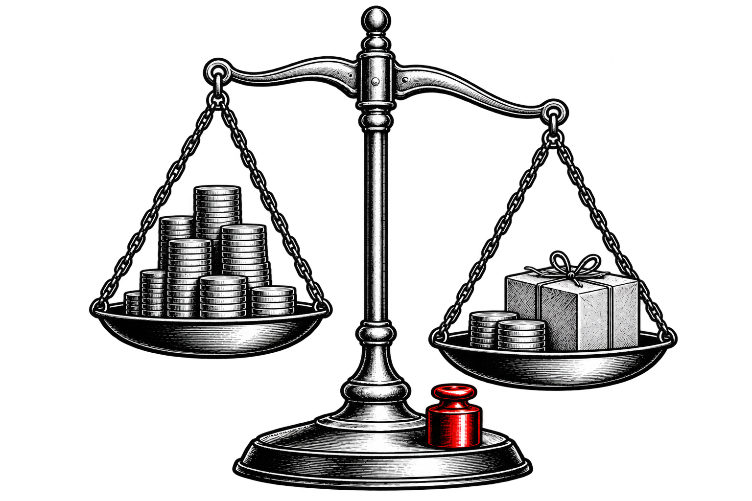 A balance scale compares coins with a parcel and coins, with a small red weight on its base.