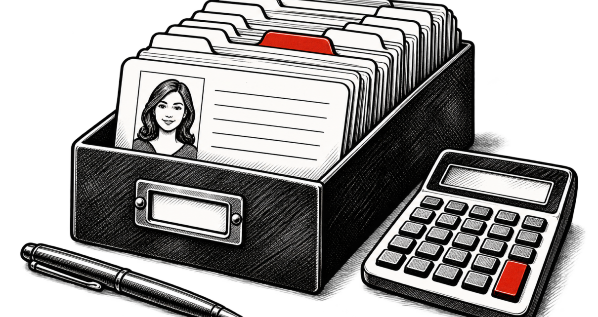 An organized customer file box with a red tab sits beside a calculator.