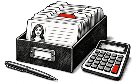 An organized customer file box with a red tab sits beside a calculator.