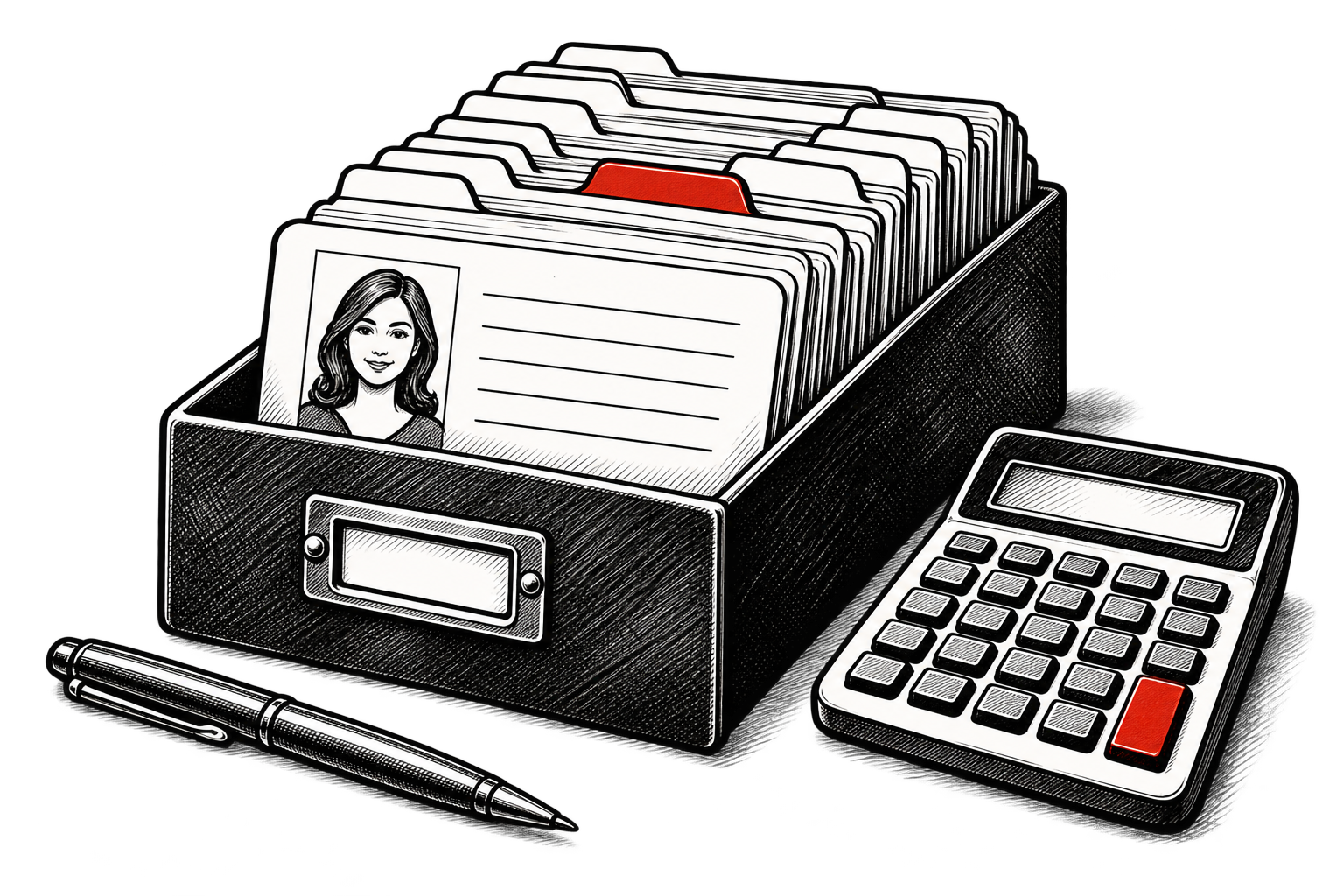 An organized customer file box with a red tab sits beside a calculator.